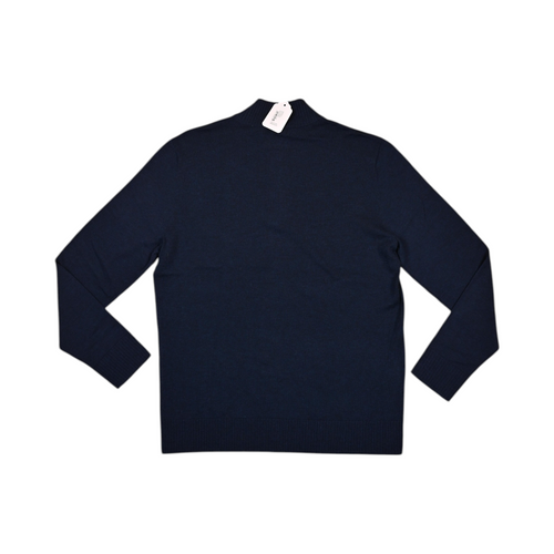 Back of a navy blue Smartwool quarter-zip sweater laid flat.
