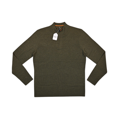 Heathered olive green Smartwool quarter-zip sweater laid flat, showing the zip collar.