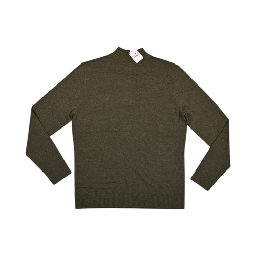 Back of a heathered olive green Smartwool quarter-zip sweater laid flat.