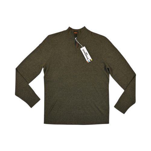 Heathered olive green Smartwool quarter-zip sweater laid flat, showing the zip collar.