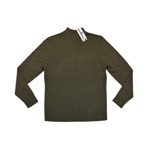 Back of a heathered olive green Smartwool quarter-zip sweater laid flat.