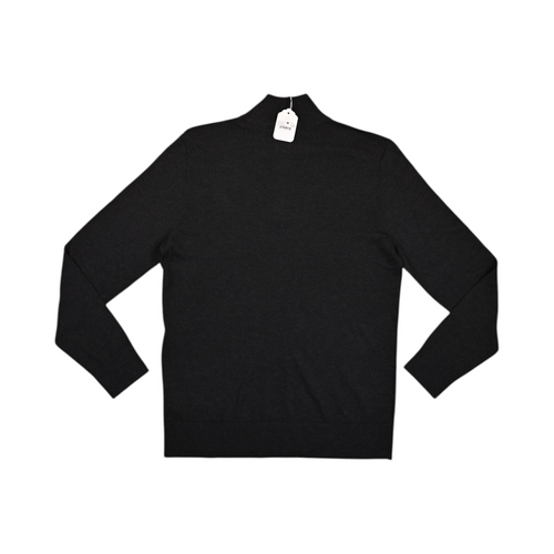 Back of a flecked charcoal Smartwool quarter-zip sweater laid flat.