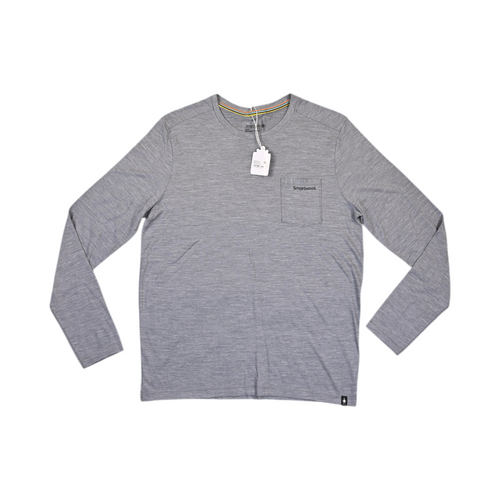 Light gray heather Smartwool long sleeve shirt laid flat, showing the chest pocket and front.