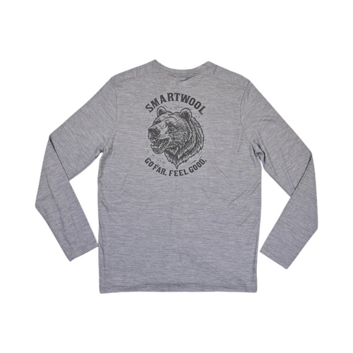 Back of a light gray heather Smartwool long sleeve shirt showing a bear head graphic.