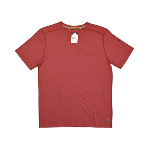 Heathered brick-red Smartwool short sleeve tee laid flat, showing the crew neck and front.