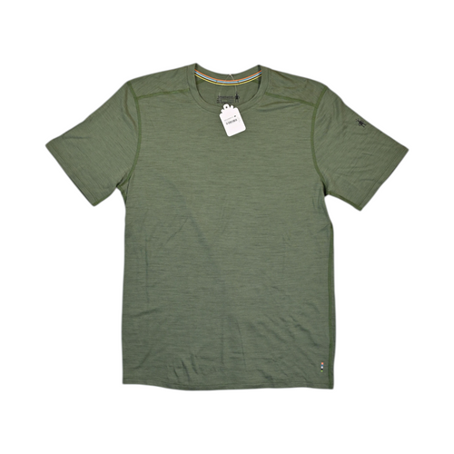 Heathered green Smartwool short sleeve tee laid flat, showing the crew neck and front.