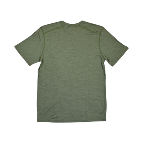 Detail view of a heathered green Smartwool short sleeve tee showing the sleeve and hem.