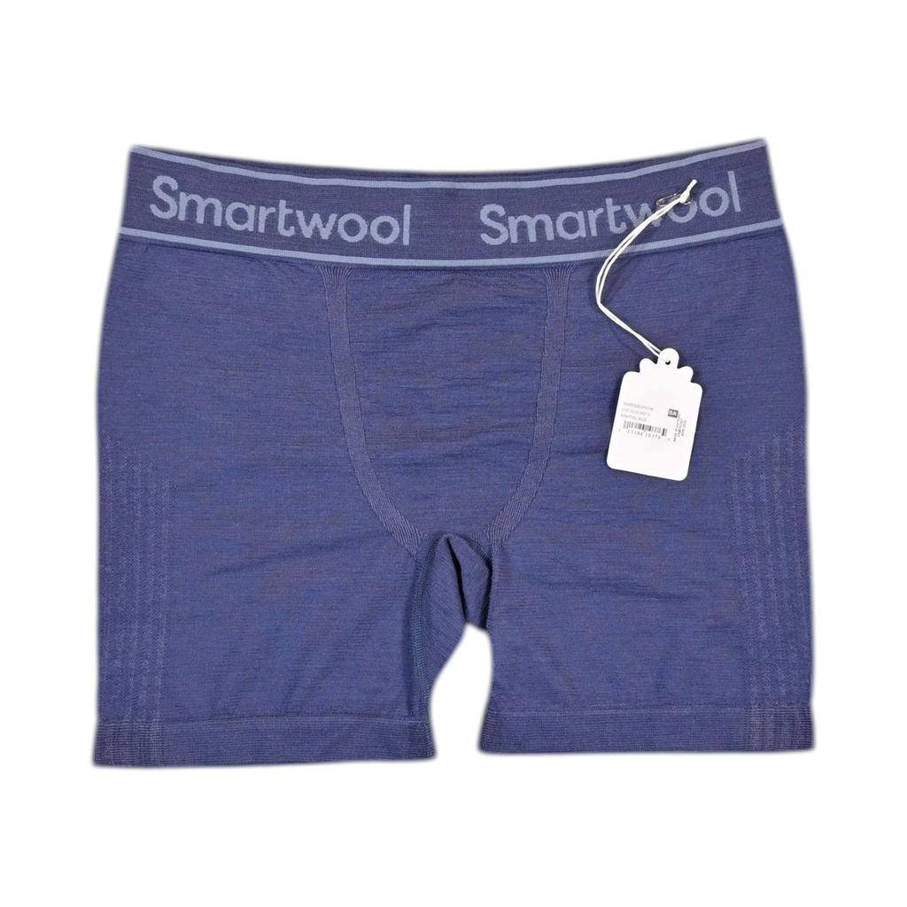 Navy blue heathered Smartwool boxer brief laid flat, showing the waistband and front seam.