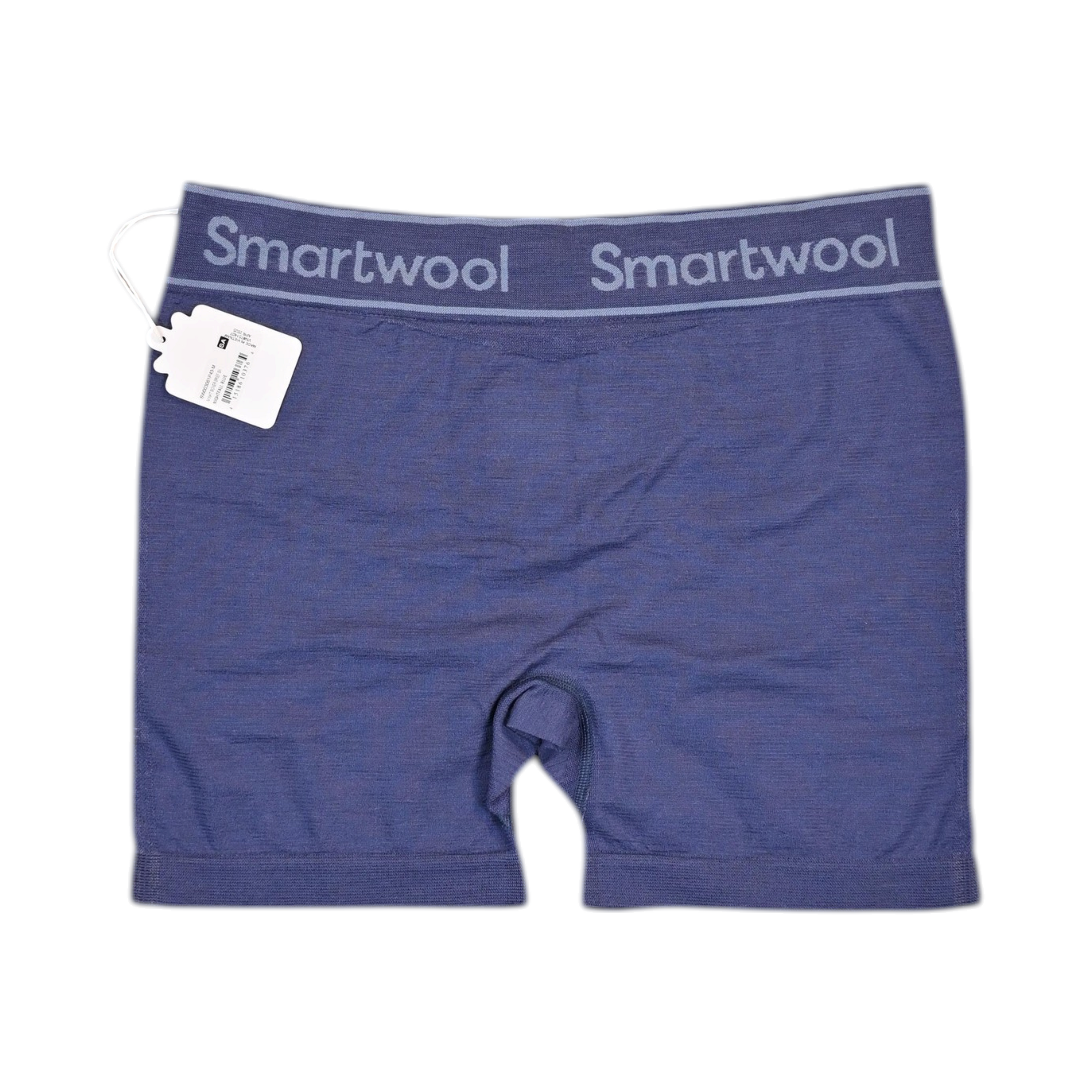 Close view of a navy blue Smartwool boxer brief showing the waistband logo and center seam.