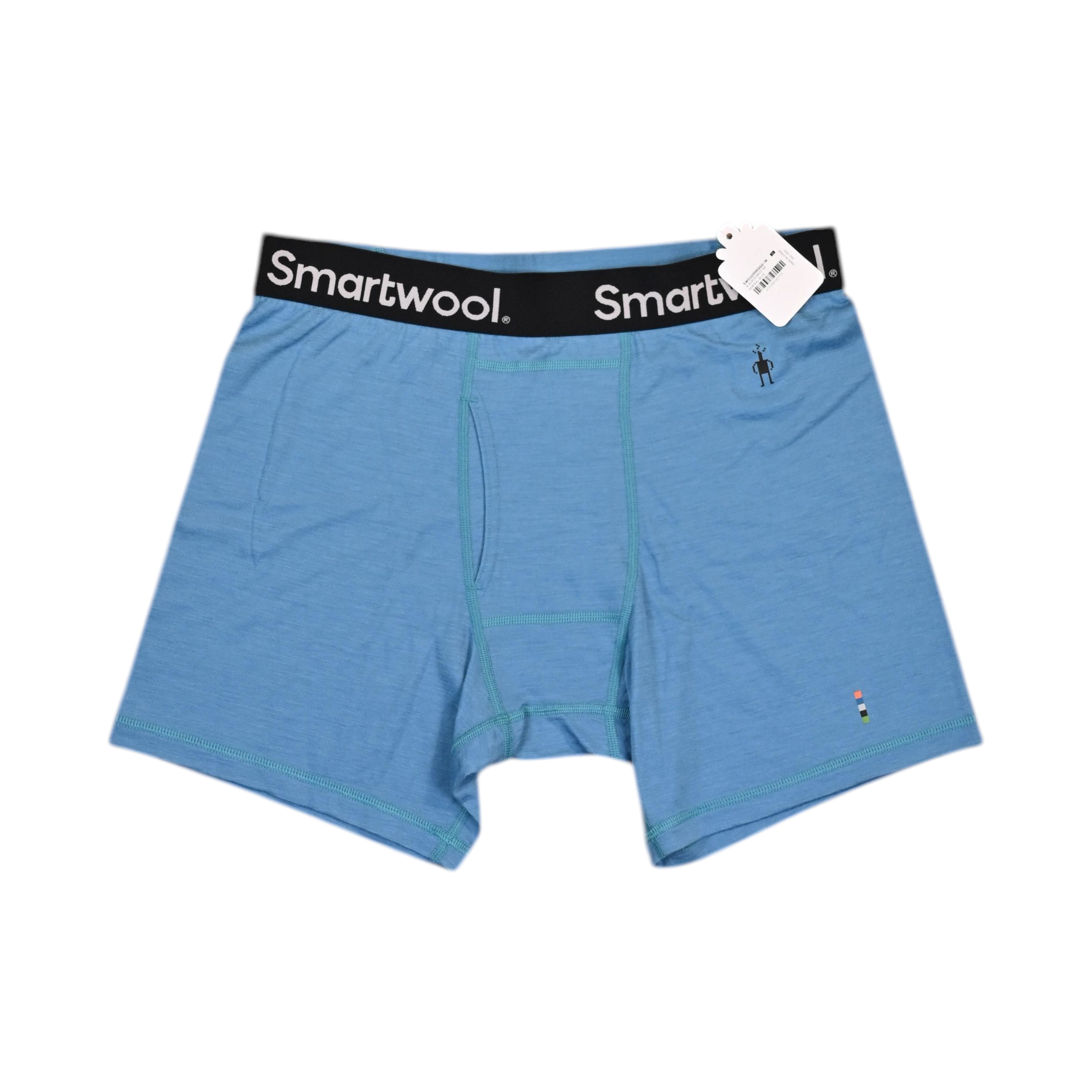Medium heathered blue Smartwool boxer brief laid flat, showing the waistband and front seam.