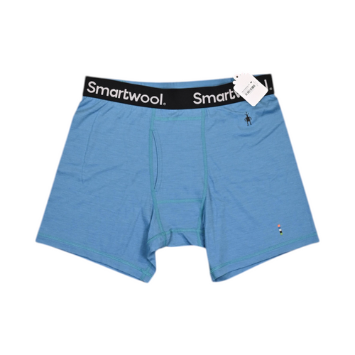 Medium heathered blue Smartwool boxer brief laid flat, showing the waistband and front seam.