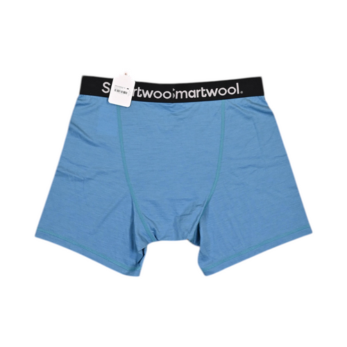Back view of a medium heathered blue Smartwool boxer brief laid flat.