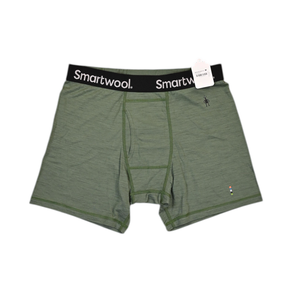 Heathered green Smartwool boxer brief laid flat, showing the waistband and front seam.