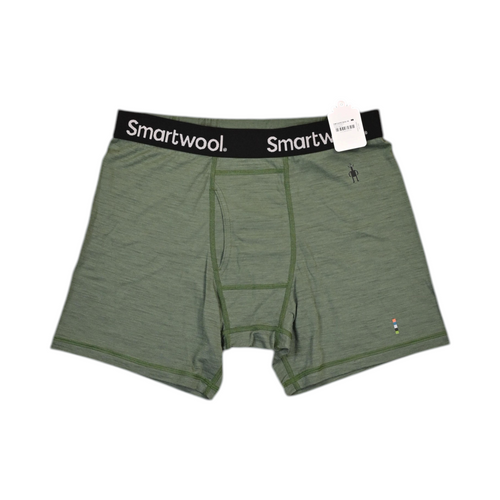Heathered green Smartwool boxer brief laid flat, showing the waistband and front seam.
