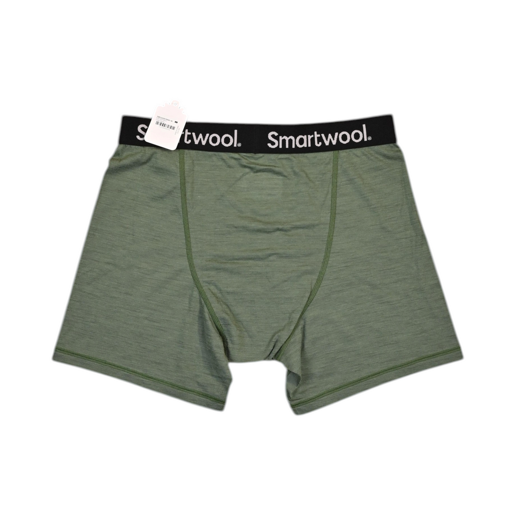 Back view of a heathered green Smartwool boxer brief laid flat.