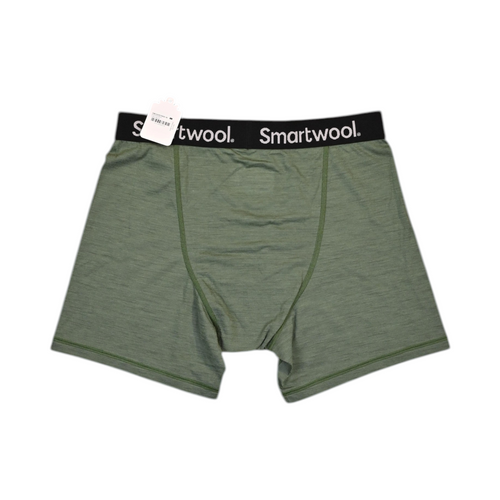 Back view of a heathered green Smartwool boxer brief laid flat.