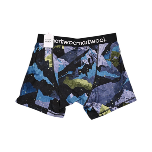 Back view of a blue and black geometric print Smartwool boxer brief laid flat.