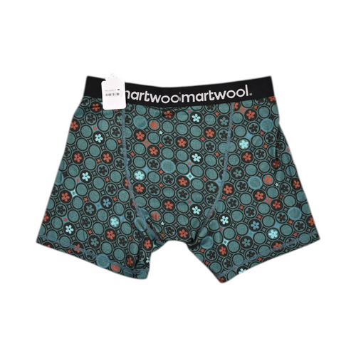 Back view of a teal geo-floral print Smartwool boxer brief laid flat.