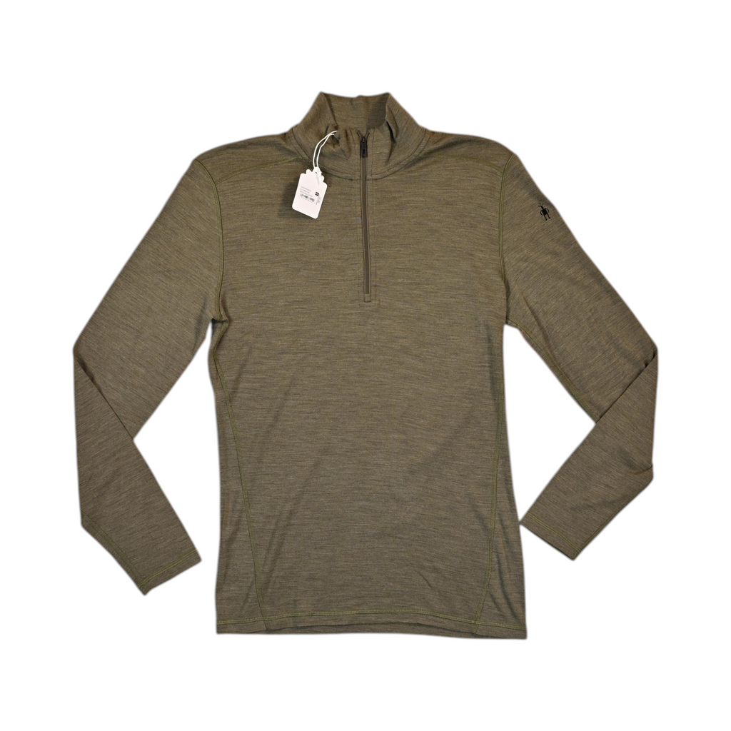 Olive green heather quarter-zip baselayer by Smartwool, laid flat with hangtag attached.