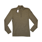 Olive green heather quarter-zip baselayer by Smartwool, laid flat with hangtag attached.