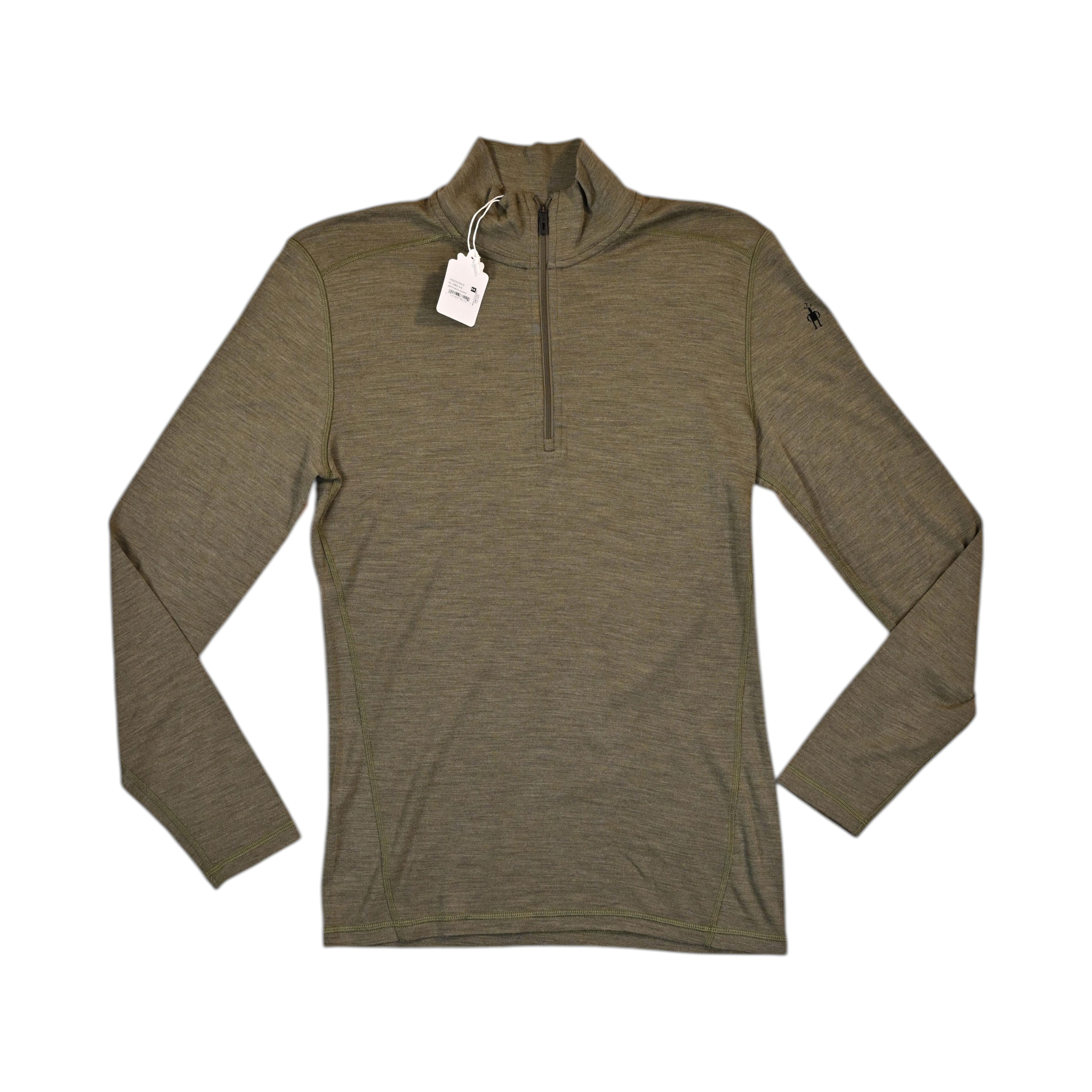 Olive green heather quarter-zip baselayer by Smartwool, laid flat with hangtag attached.