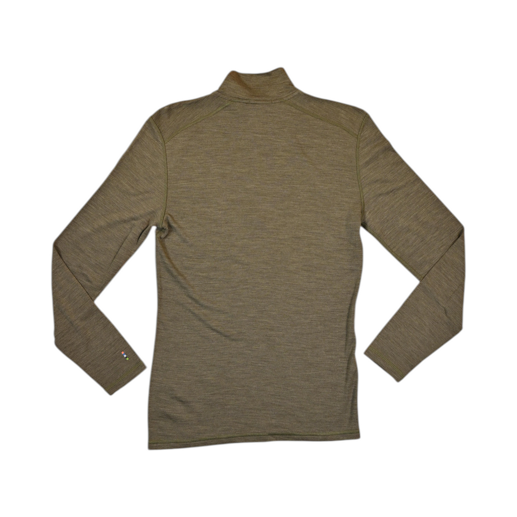 Olive green heather quarter-zip baselayer by Smartwool, back view.