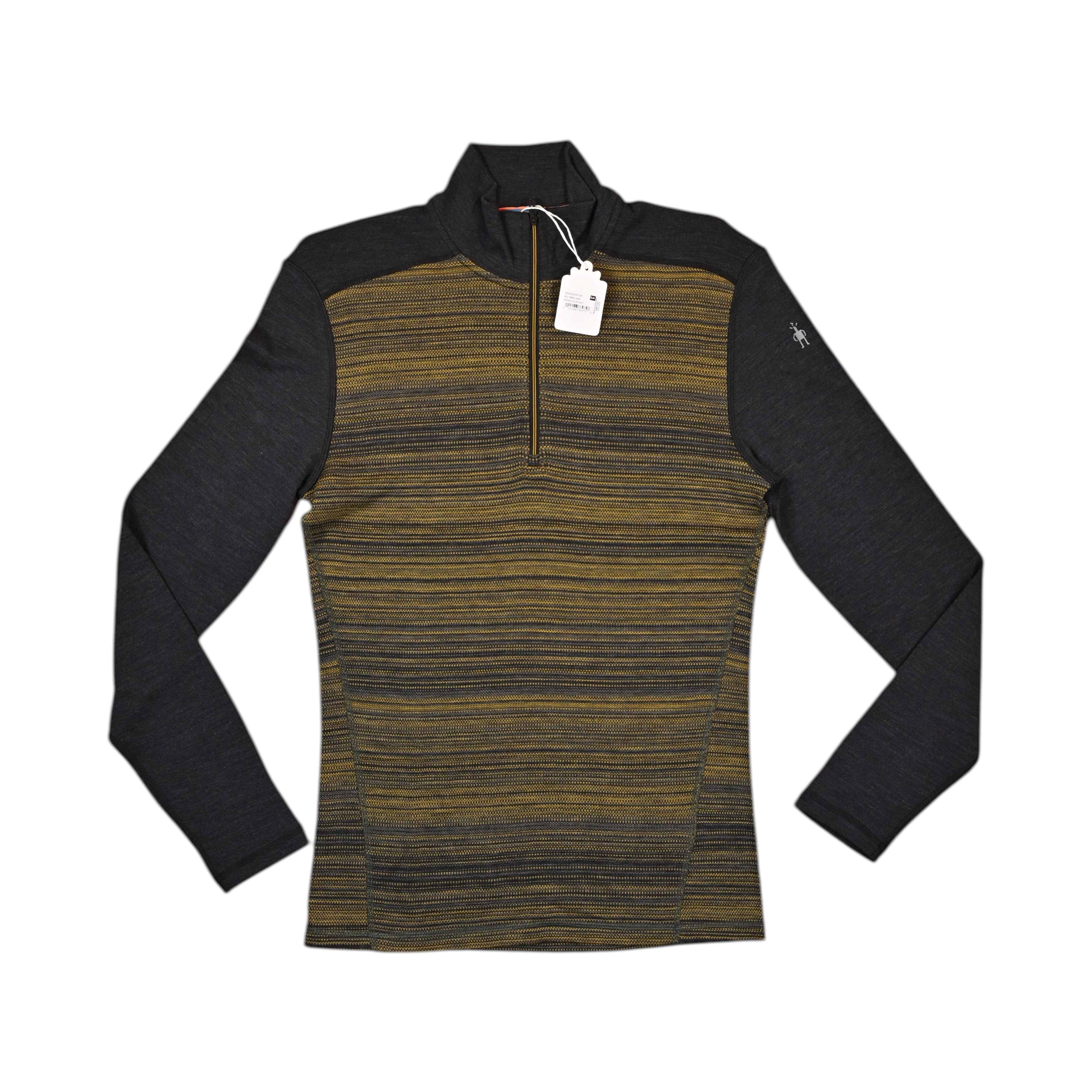 Olive and charcoal striped quarter-zip baselayer by Smartwool with charcoal sleeves, laid flat.