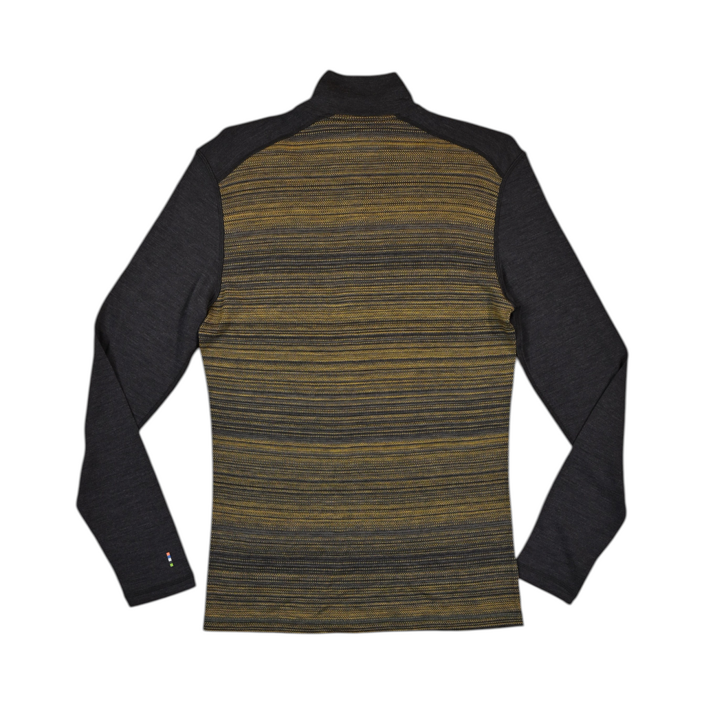 Olive and charcoal striped quarter-zip baselayer by Smartwool with charcoal sleeves, back view.