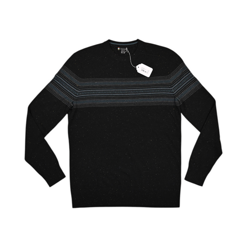 Flecked black Smartwool crew sweater laid flat, showing the blue-grey chest stripe.