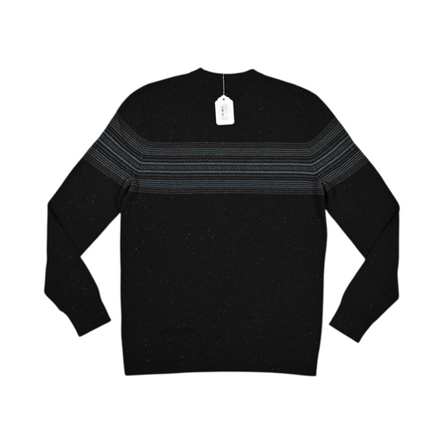 Back of a flecked black Smartwool crew sweater laid flat, showing the ribbed hem.