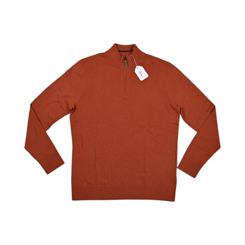 Flecked rust-orange Smartwool quarter-zip sweater laid flat, showing the zip collar.