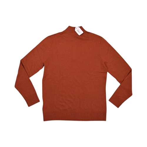 Back of a flecked rust-orange Smartwool quarter-zip sweater laid flat.