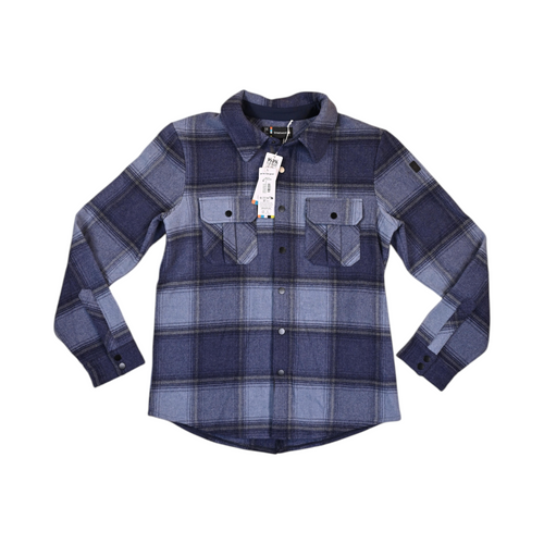 Blue and navy plaid Smartwool shirt jacket laid flat, showing the snap-button chest pockets.