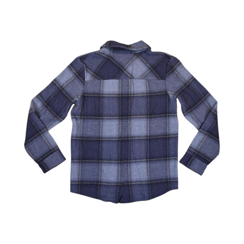 Back of a blue and navy plaid Smartwool shirt jacket laid flat.