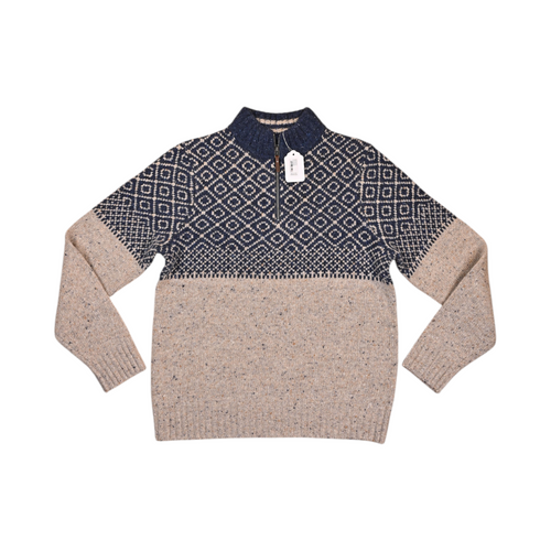 Tan Smartwool quarter-zip sweater laid flat, showing the navy fair isle diamond yoke.