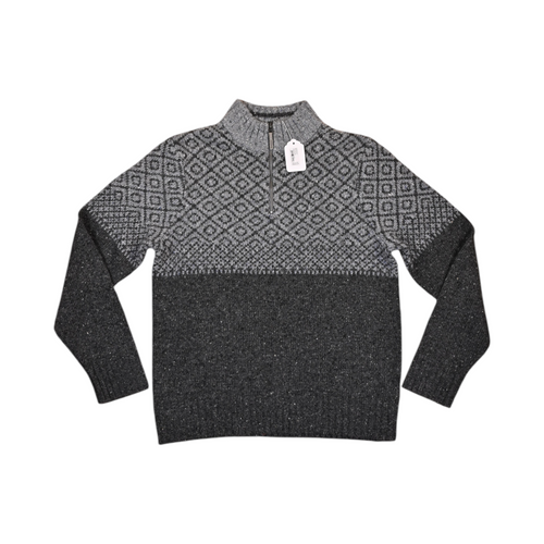 Charcoal grey Smartwool quarter-zip sweater laid flat, showing the fair isle diamond yoke.