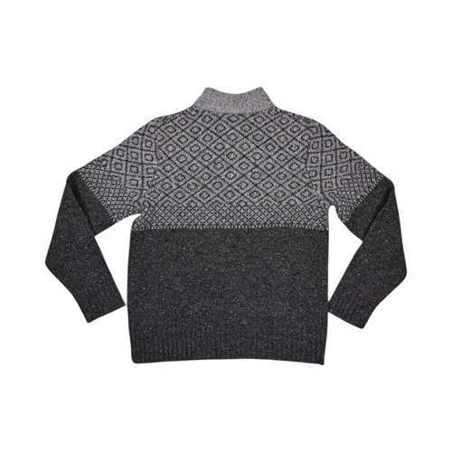 Back of a charcoal grey Smartwool quarter-zip sweater laid flat.