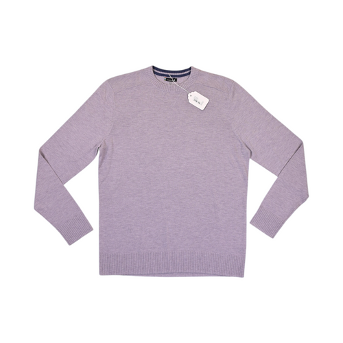 Heathered lavender purple Smartwool crew sweater laid flat, showing the crew neck and front.