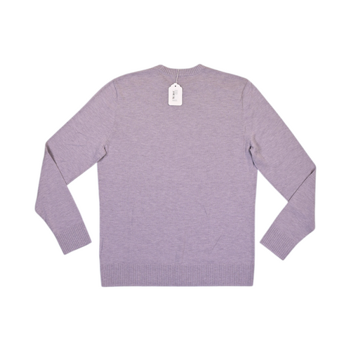 Back of a heathered lavender purple Smartwool crew sweater laid flat.