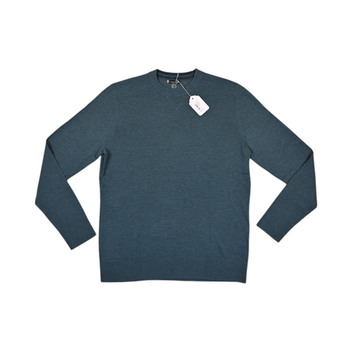 Heathered teal Smartwool crew sweater laid flat, showing the crew neck and front.