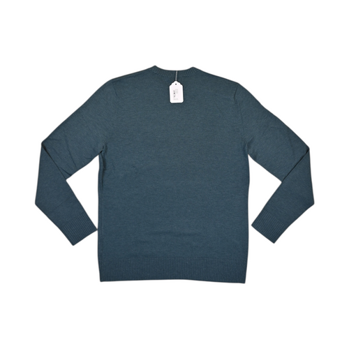 Back of a heathered teal Smartwool crew sweater laid flat.