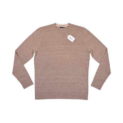 Heathered mocha tan Smartwool crew sweater laid flat, showing the crew neck and front.
