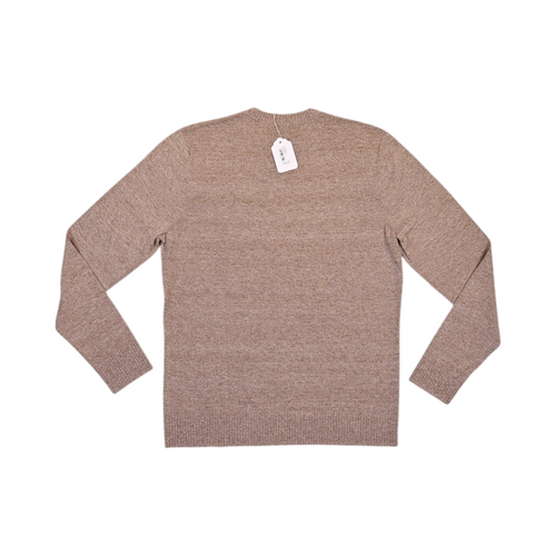 Back of a heathered mocha tan Smartwool crew sweater laid flat.
