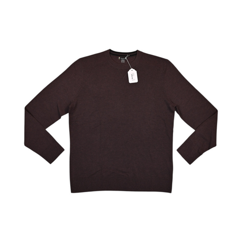 Deep burgundy-brown Smartwool crew sweater laid flat, showing the crew neck and front.