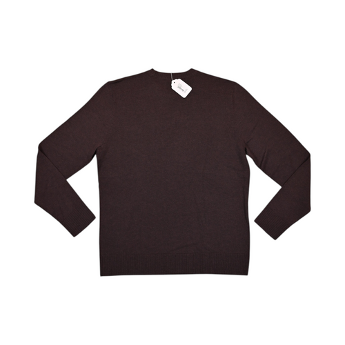 Back of a deep burgundy-brown Smartwool crew sweater laid flat.