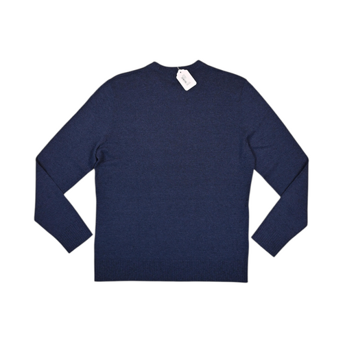 Back of a navy blue Smartwool crew sweater laid flat.