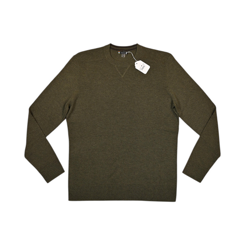 Heathered olive green Smartwool crew sweater laid flat, showing the crew neck and front.
