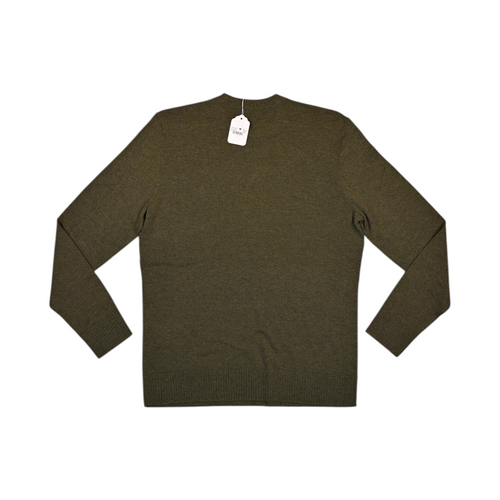 Back of a heathered olive green Smartwool crew sweater laid flat.