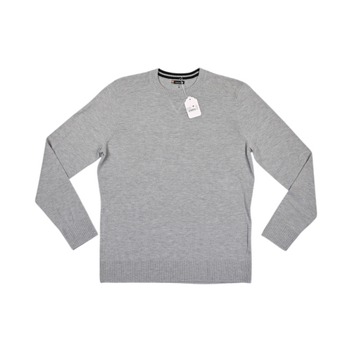 Light grey Smartwool crew sweater laid flat, showing the crew neck and front.
