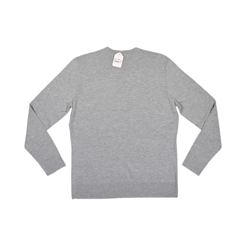 Back of a light grey Smartwool crew sweater laid flat.